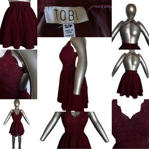 Tobi Burgundy Lace Fit Flare Dress Open Back Criss Cross Straps Skater Small